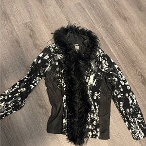 Black & White Feather-Trim Bomber Jacket